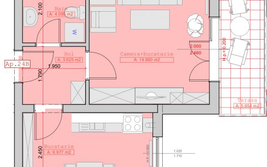 Garsoniera decomandata de lux 32,5 mp + terasa 5,9 mp – Central – Piata Cluj